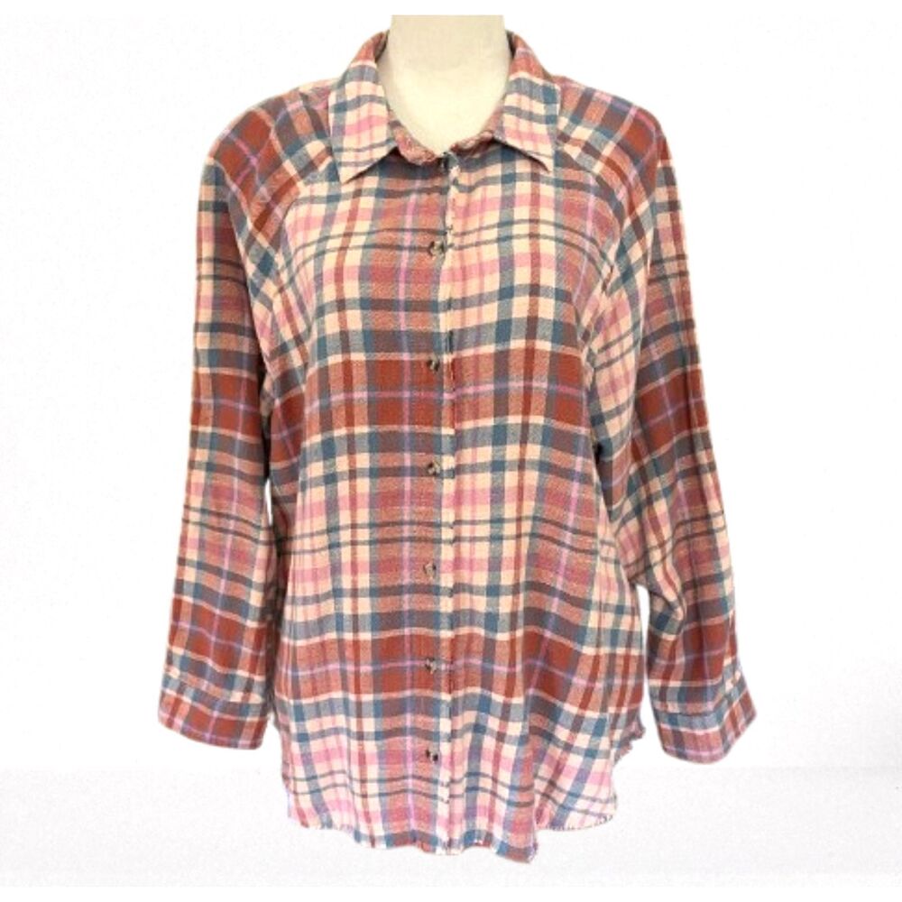 Lucky Brand Button-Down Orange Plaid Flannel Tunic Shirt Large